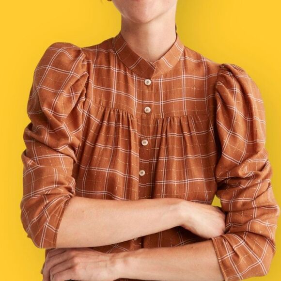 MANGO ORGANIC COTTON BLOUSE BROWN TAN CHECK PRINT GOLD METALLIC THREAD NWT SMALL - Picture 16 of 16